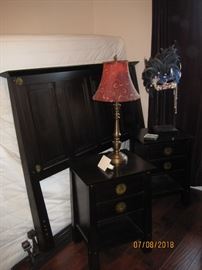 Contemporary Arts & Crafts Style Headboard with Matching End Tables, Mardi Gras Mask on Stand, Contemporary  Lamp. 