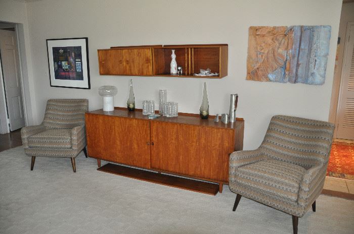 Mid Century Finn Juhl for Baker walnut modular unit with sideboard, hanging shelf(not displayed) and two upper display/storage cabinets.  Shown with a pair of fabulous Room and Board upholstered side chairs.