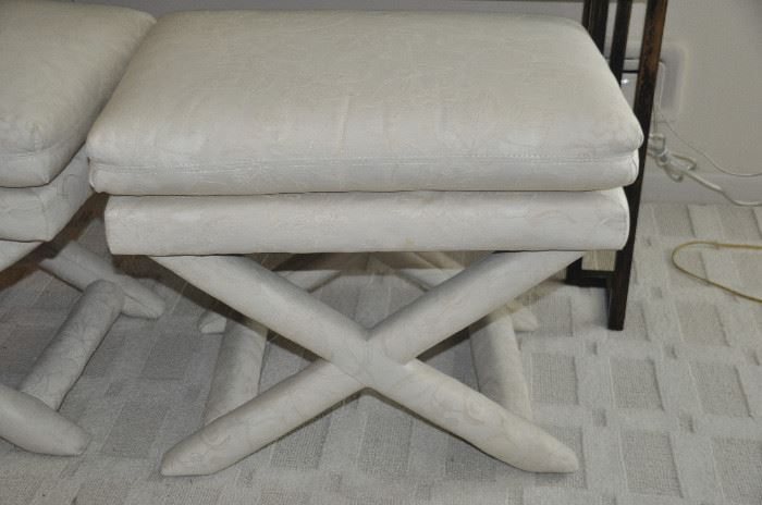 Close up of one of the two ivory floral upholstered benches by Sherrill.  24”w x 24.5”h x 18”d.
