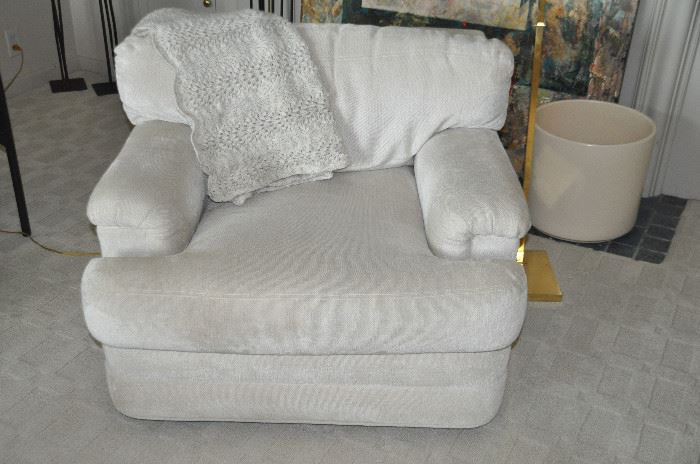 One of a pair of Swaim chenille oyster colored  chairs.  38”w x 27” h x 34”d.