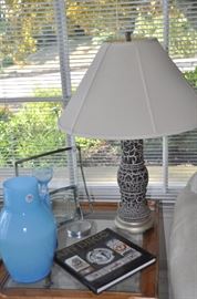 One of the great crackle painted ceramic lamps with a natural shade.