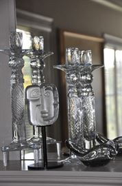 Mid century small glass sculpture by Mats Johansson shown with beautiful candle sticks.