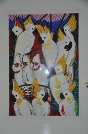“Cockatoos” signed and numbered 10/32 by Slonem Hunt 1996 with COA  silver framed and double matted.  28”w x 36”h.
