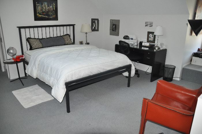 Terrific guest bedroom featuring a Mackintosh low footboard queen size contemporary black steel bed frame and a queen size Restwell mattress from Room and board, Chicago