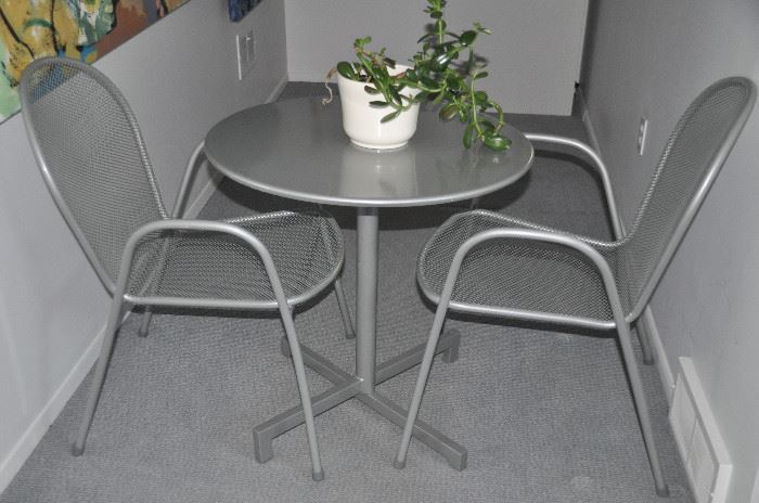 3 Piece silver aluminum Bistro 28" tilt top table and chair set from Room and Board and Crate and Barrel. 