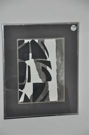 Mid century black and white abstract double matted signed with silver frame 