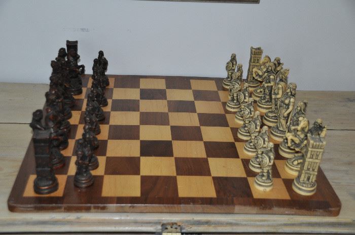 Carved wooden vintage chess set made in Italy. 24" x 24"