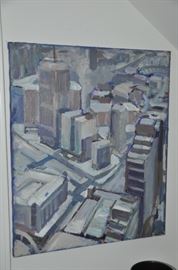 Grey tones acrylic on canvas "City Scene, View from the Ren Cen" by Pytko       20" x 24" 