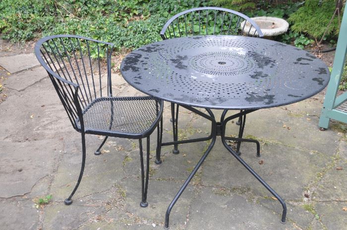 Black iron outdoor Woodard table with 2 chairs (3 available)