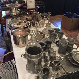 Pewter and silver plate serving pieces