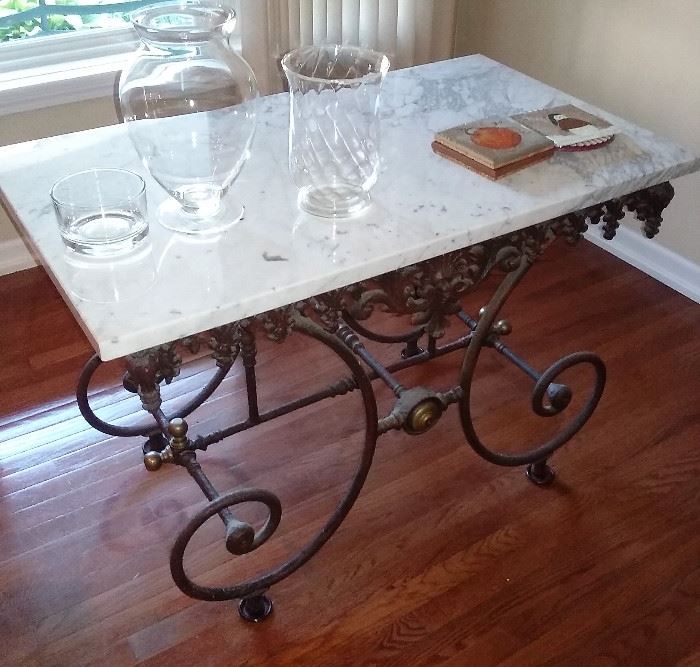 Woodard marble top table, wrought iron