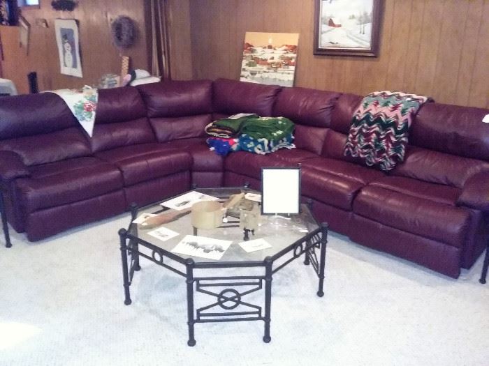 leather sectional, coffee table
