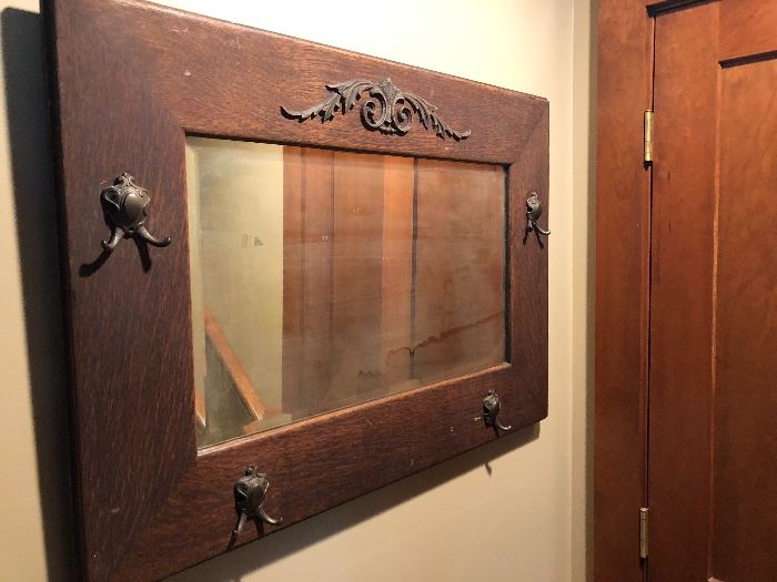 Antique Oak Mirrored Coat Hanger