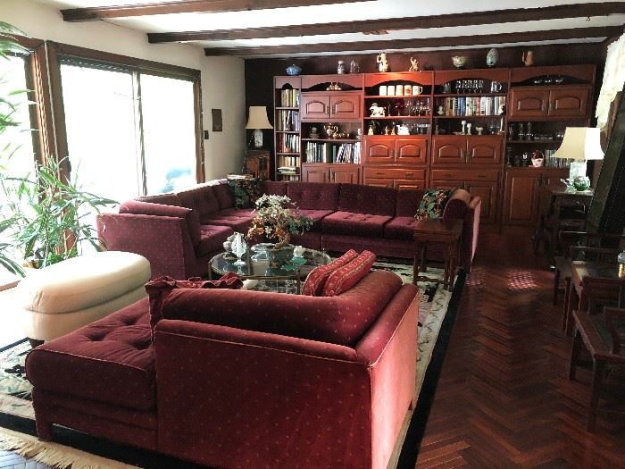 Living Room Furniture. Red Sofas. Round White Ottoman. Family Heritage Estate Sales, LLC. New Jersey Estate Sales/ Pennsylvania Estate Sales. 