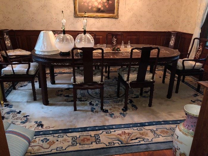 Family Heritage Estate Sales, LLC. New Jersey Estate Sales/ Pennsylvania Estate Sales. Dining Room Furniture. Mother of Pearl Inlaid Dining Room Table and Chairs.