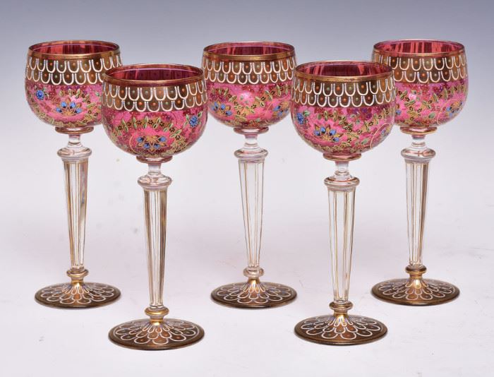 Set of Five Bohemian Wine Glasses