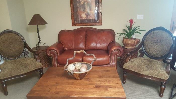 Leather sofa, chairs, cocktail table