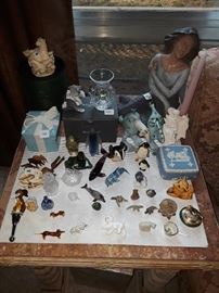 Tiffany ceramic box, Waterford small vase, Wedgewood box, small figurines
