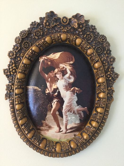 Adam & Eve artwork with ornate wood frame 21'' tall x 17'' wide