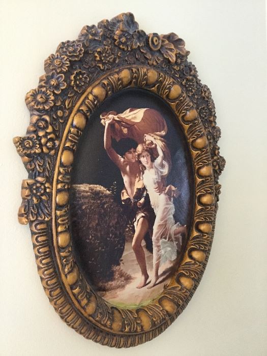 Adam & Eve artwork with ornate wood frame 21'' tall x 17'' wide