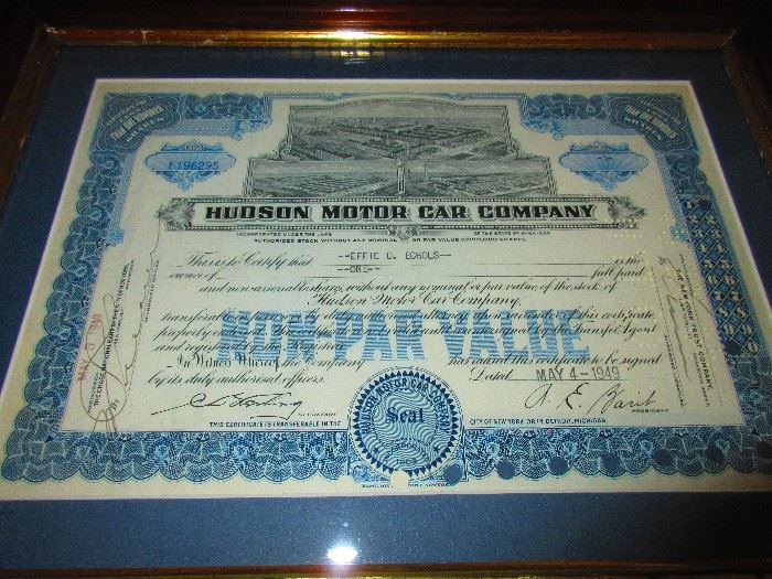 Hudson Motor Car Co. stock certificate 