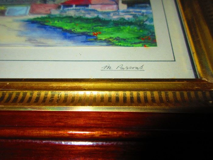 Signature of M. Parsons watercolor in Victorian frame