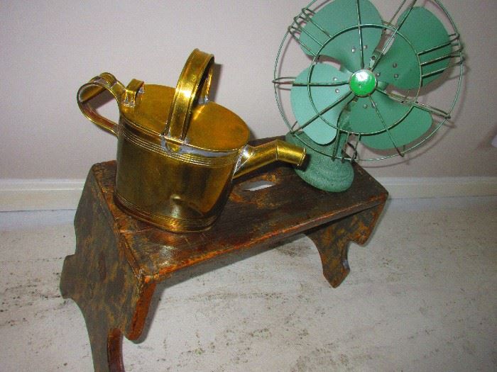 19th c. Oil can, Cool Spot fan, antique stool 