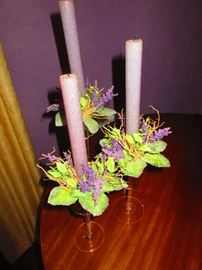 Glass Candlesticks with Silk Flowers