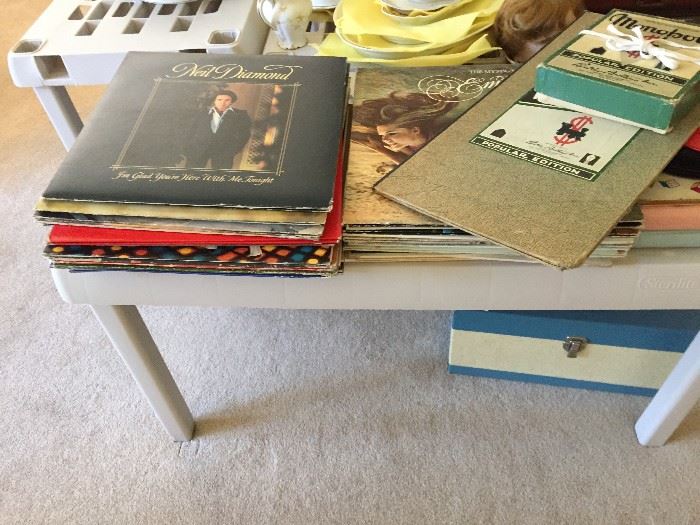 Vinyl albums, 45 records, original Monopoly game.