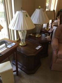 Beautiful Waterford lamps and living room end tables.