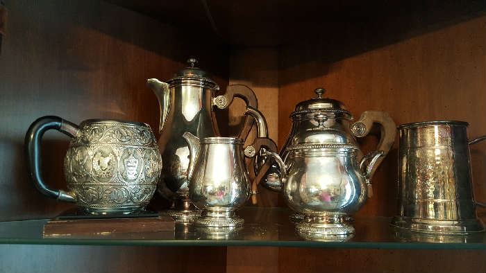 Christofle France Silverplate Coffee / Tea Set - British Malaya Heavily Carved Mug - Silverplate over Copper Tankard