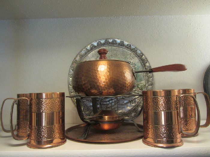 Hammered Copper Fondue and Mugs