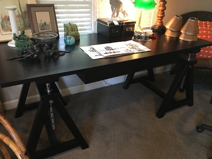 Contemporary trestle desk with one drawer and adjustable height, ebony finish,  5'W x 2' D. Perfect for your office, students or architects! 