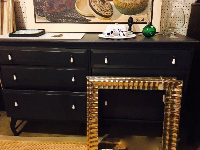 Gray painted chest, six drawers with designer pulls
