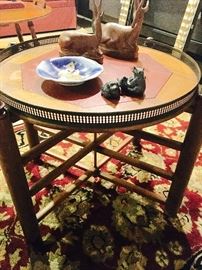 Antique wood tray table with metal rim top