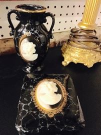Black marble, cameo vase, and box with lid