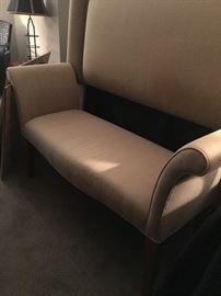 Double size, custom upholstered headboard, and matching settee/bench