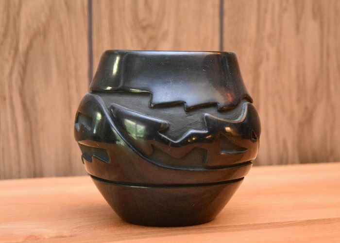 BUY IT NOW! $180 - Black Santa Clara Pottery with Avanyu Design, Signed by Stella Chavarria (5.5" H)