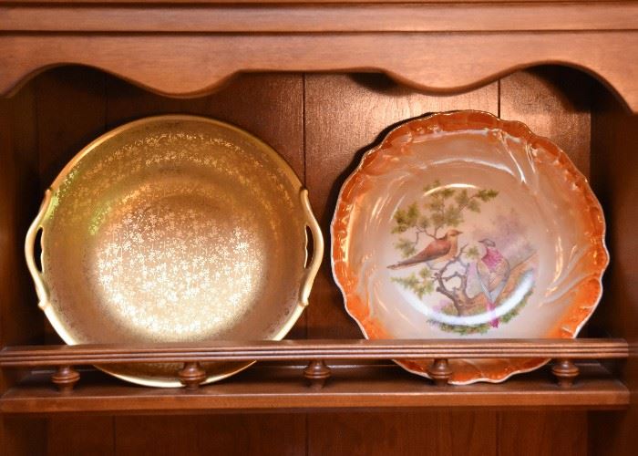 Gold Porcelain Serving Bowl, Vintage Hand Painted Birds Serving Bowl
