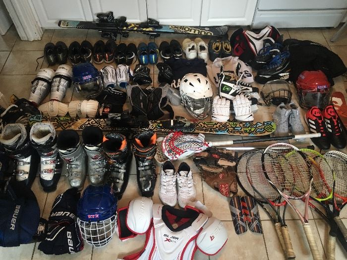 Sports equipment, tennis, soccer, hockey, ski, helmets