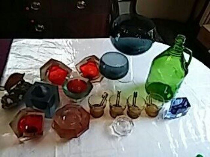 Colored Glass Ashtrays, Cups, Art on Rock Crystal