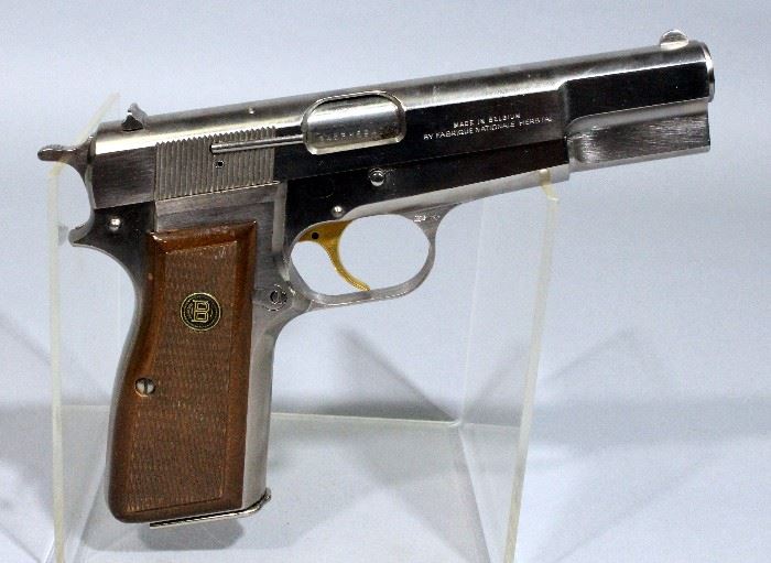 Browning Hi-Power Pistol, 9mm, SN# 245PM59422, Nickle Finish, Gold Trigger, Made in Belgium, Includes 3 Mags