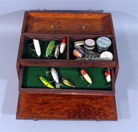 Vintage Wood Tackle Box with Vintage Wood Lures (9), Fish Hooks, Sinkers, Casting Line, and Vintage Fish Master Knife and Scaler