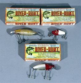Vintage Heddon River Runt Wood Fishing Lures with Original Boxes, Qty 3, Spook Floater, 9110-RH Spook Sinker, and 9020 Midgit Digit