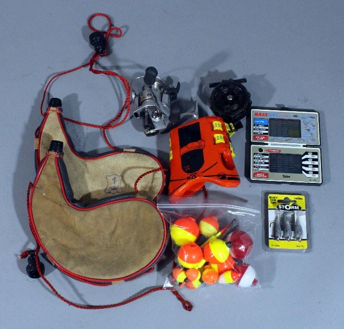 Fishing Accessories- Telko BassMate Computer, Bobbers, Storm Lures, Shimano Spirex 1000FE Reel, Unmarked Reel, Spanish Leather Bota Bags (2), More