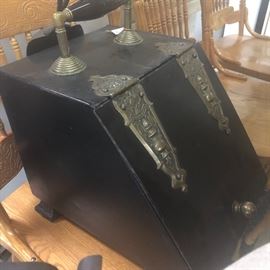 coal scuttle antique/shoval....other hand wrought fire place tools/hand forged