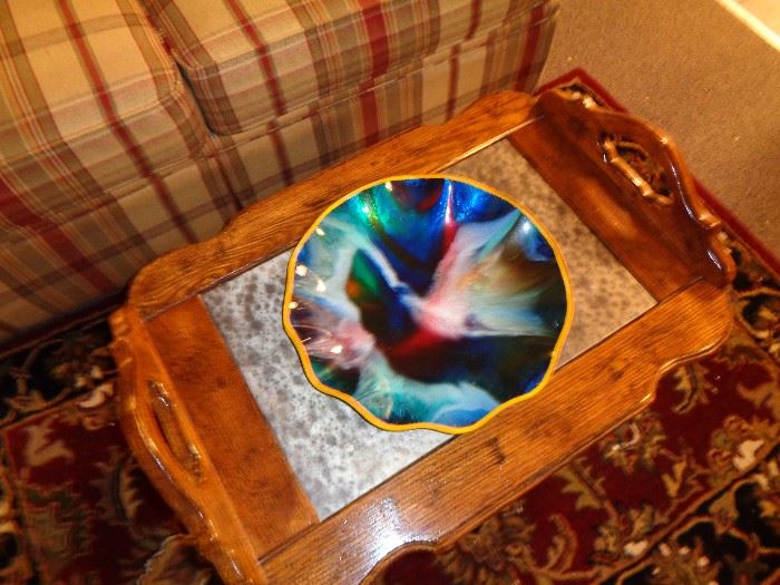 art glass and metal and wood table