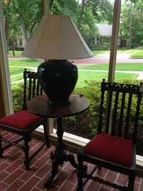 Pair of barley twist chairs; 3-legged table; large ginger jar table lamp