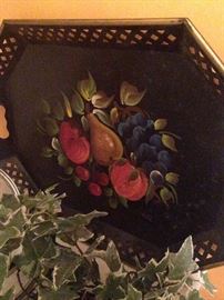 Vintage black hand painted toleware metal fruit tray