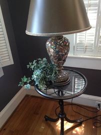 Small side table; mosaic type lamp